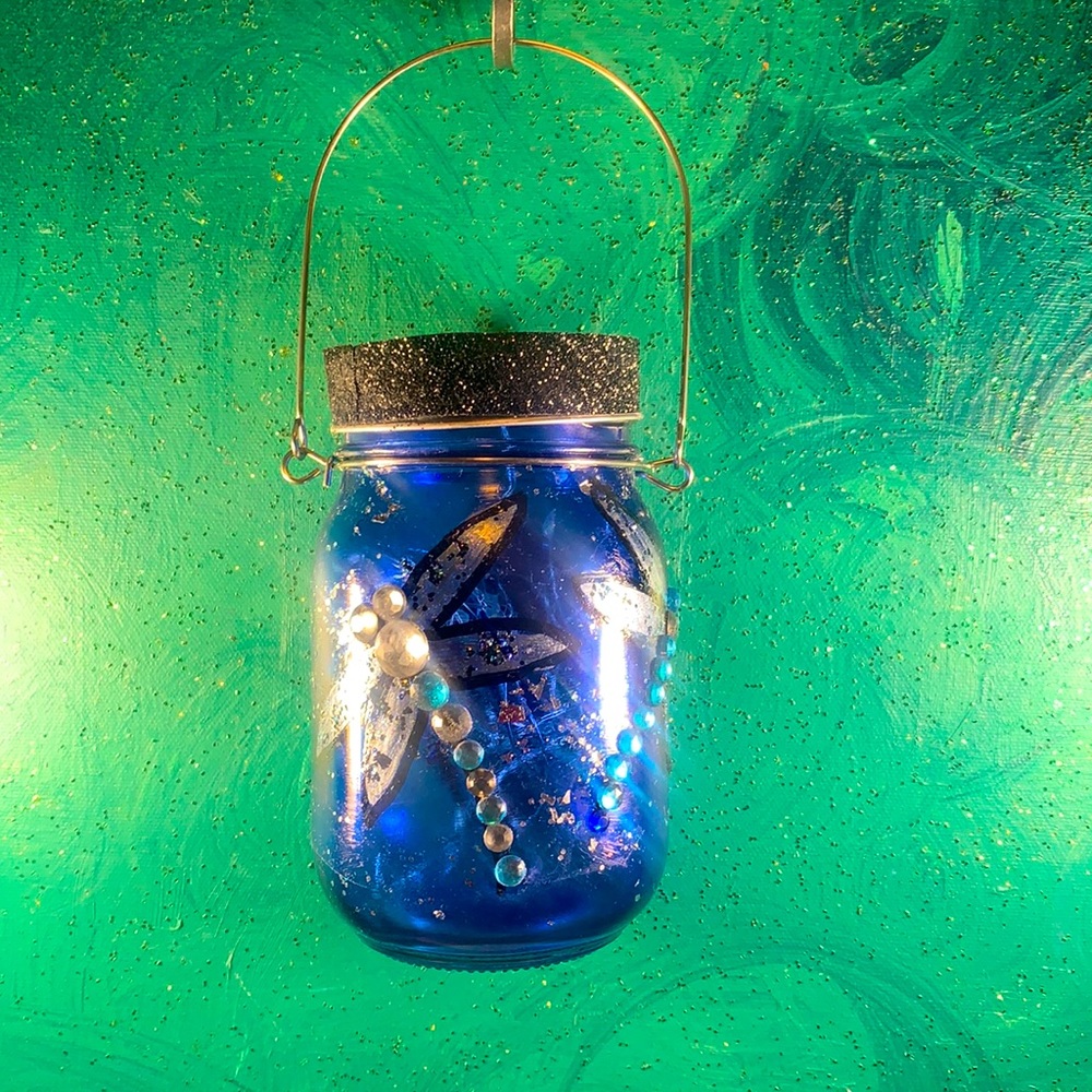 Midnight Blue Dragonfly Sparkly Solar Lantern Hand-Painted by Love Marcy Arts